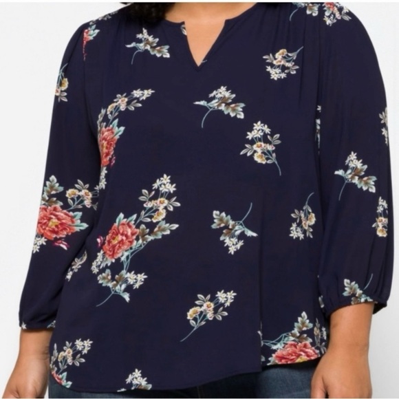 Fun2Fun Navy Blue Floral Print V-Neck Blouse Top Size Small NWOT - Picture 1 of 14